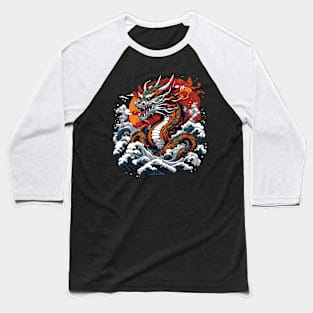 Dragon against the backdrop of a setting sun bathed in ocean waves Baseball T-Shirt